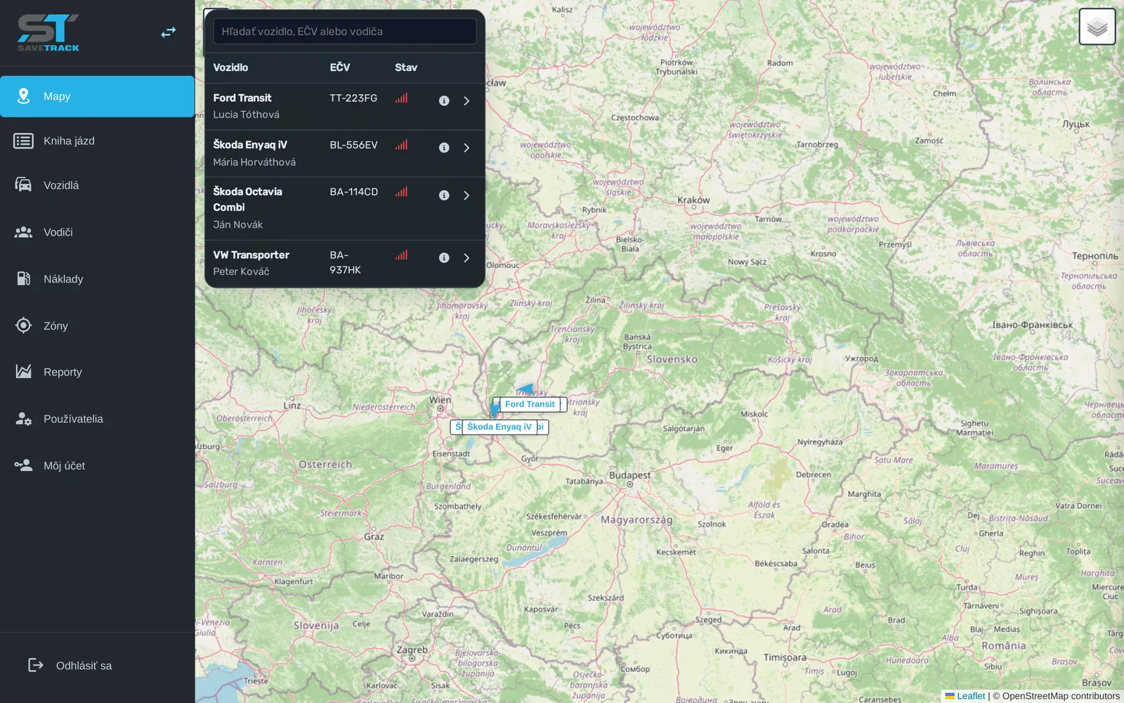 Mapa s vozidly v reálném čase v aplikaci SaveTrack