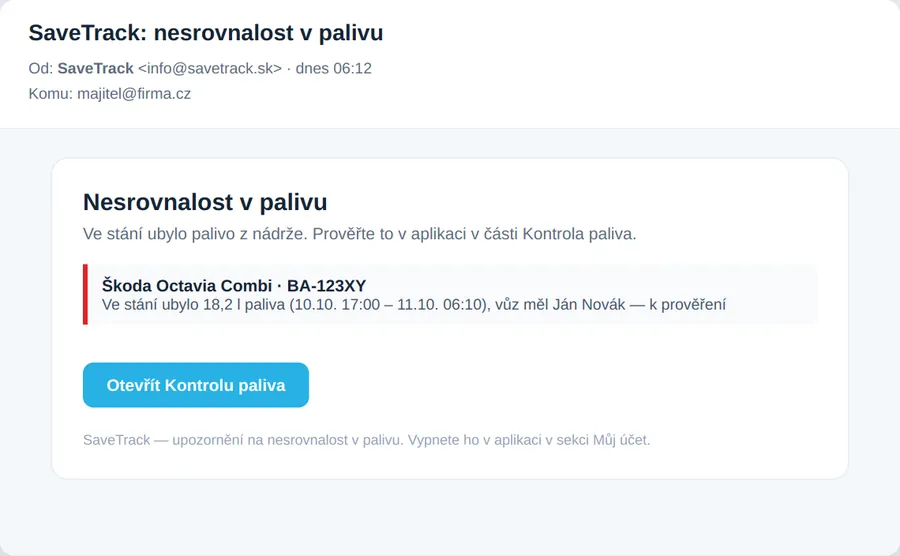 Okamžitý e-mail o stáčení paliva s časem stání a jménem řidiče