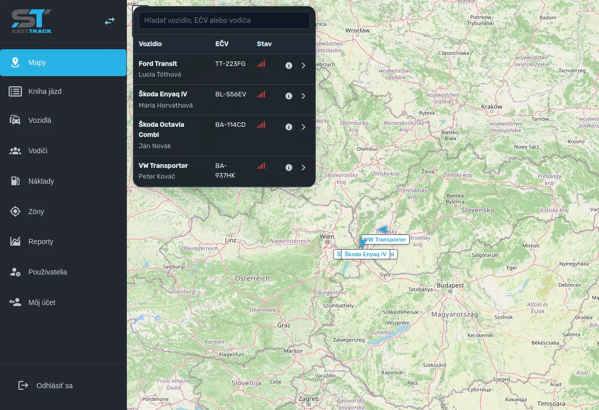 Administrace SaveTrack — mapa s vozidly klienta